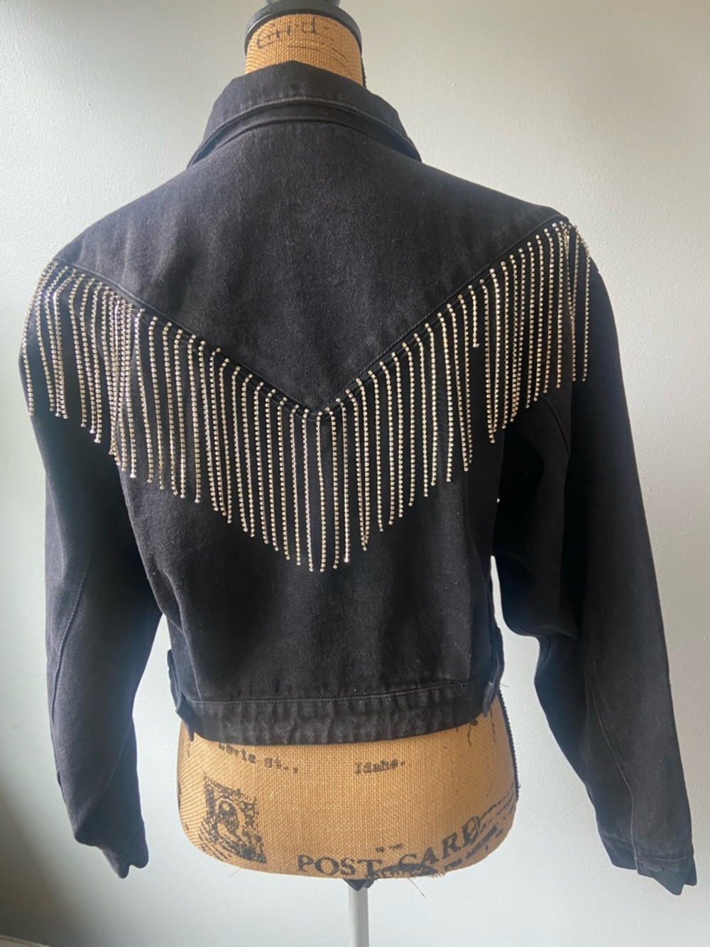 Blue B Sz M Washed Black Cropped Rhinestone Fringe Denim Jacket - Designer Style - Picture 5 of 15